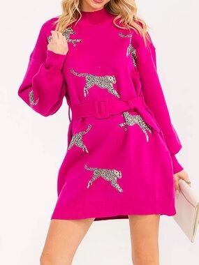 LONG SLEEVE ANIMAL PRINT BELTED SWEATER MINI DRESS